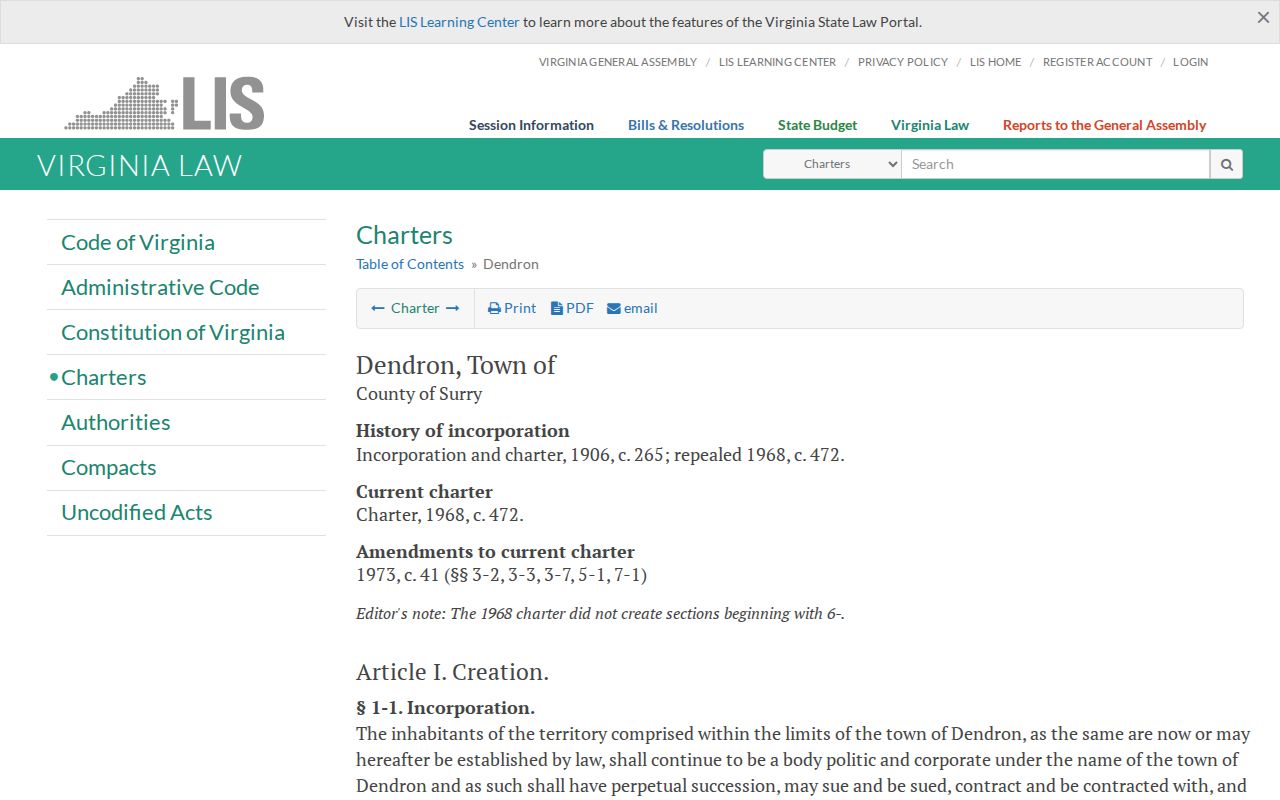 Dendron criminal records context from the official town charter