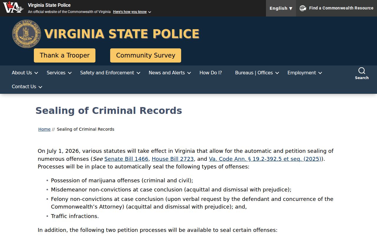 Virginia sealing information for Surry County criminal records