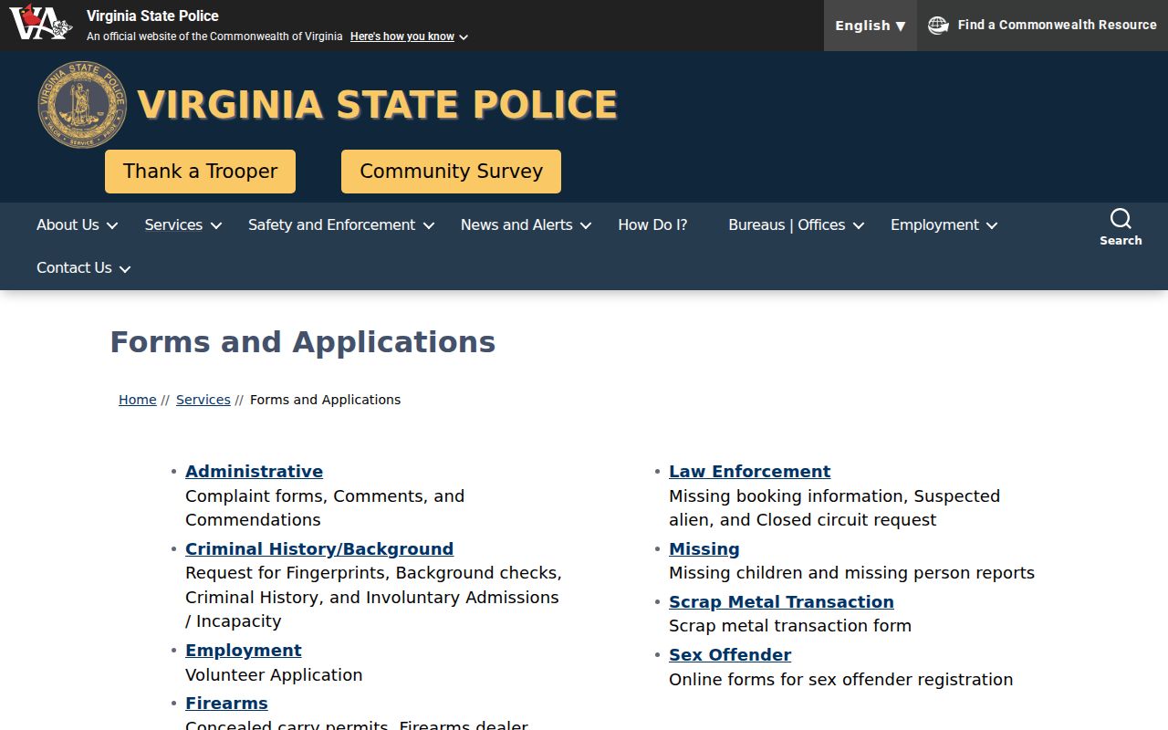 Virginia State Police forms used for Surry County criminal records