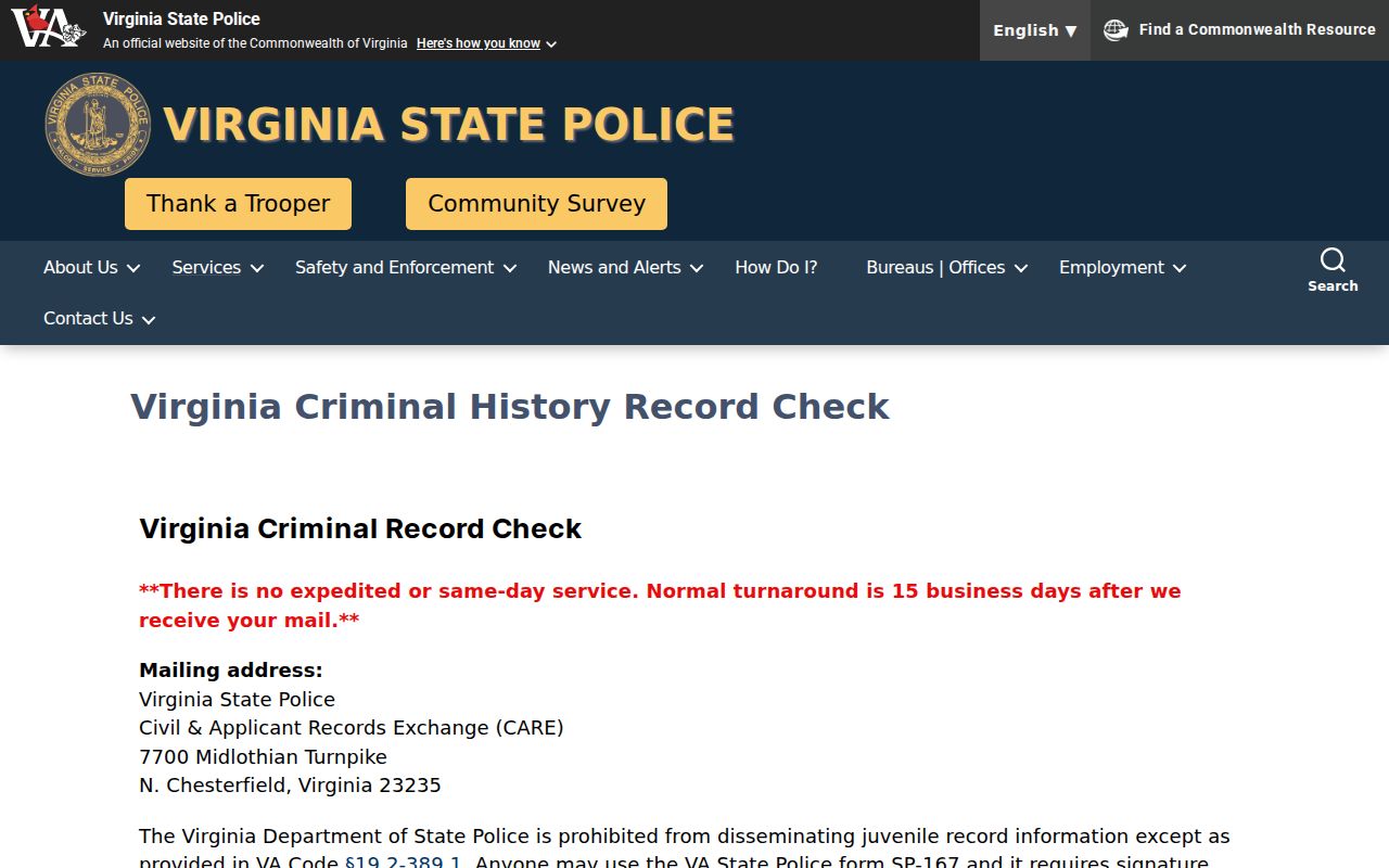 Virginia State Police background check source for Surry County criminal history